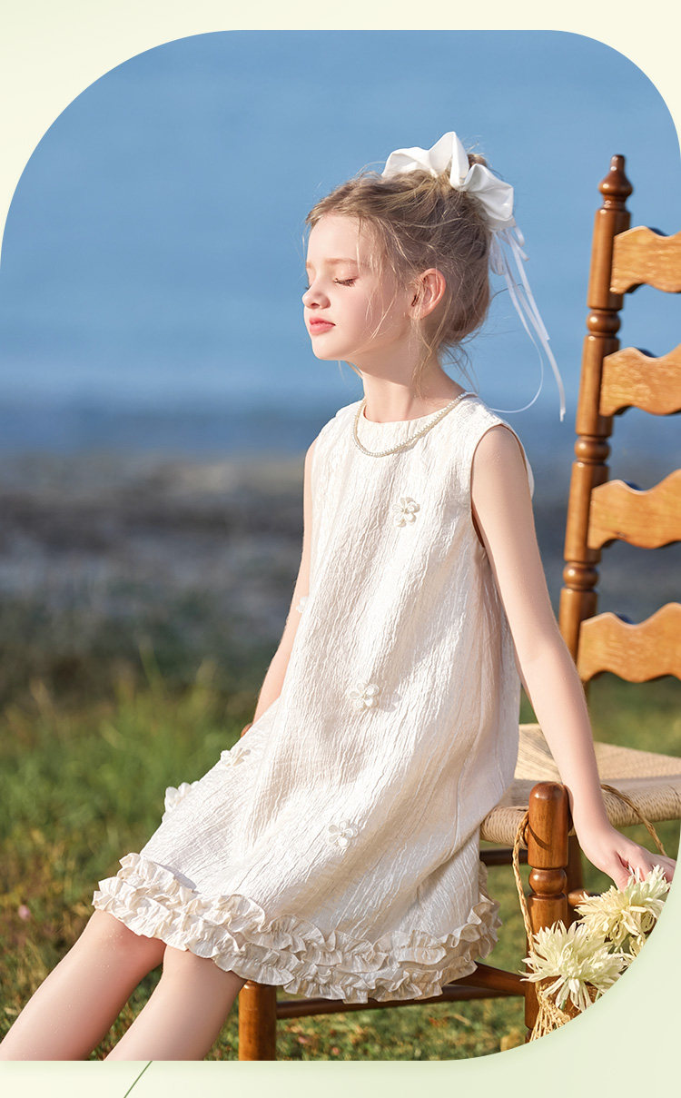 CHANZUIGOU Girls' Tencel Satin Dress 2026 Summer New Ruffled Hem High-End Formal Dress 3